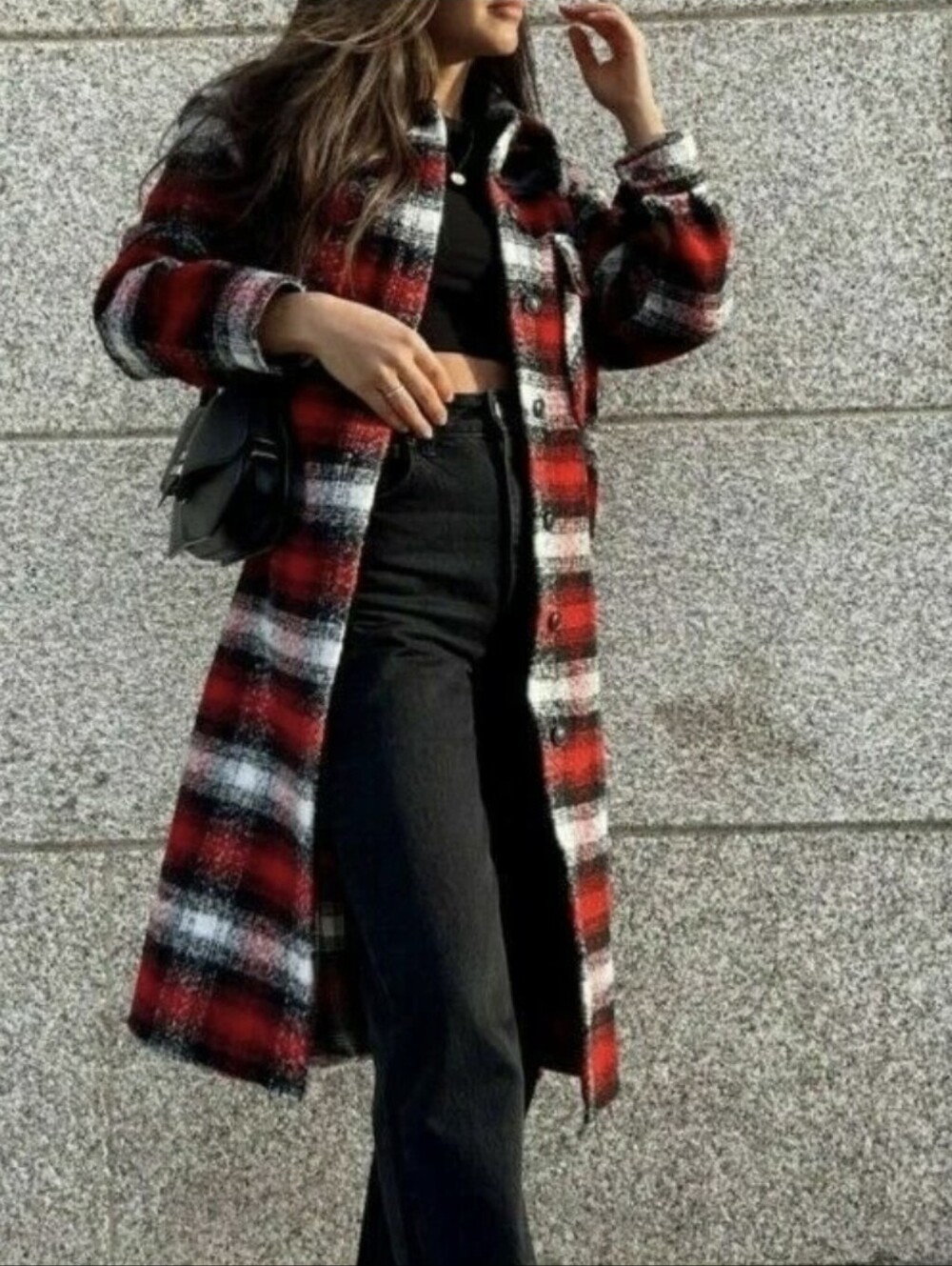 Zara Red Plaid Wool Blend Long Shacket Size S